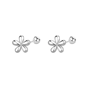 Minimalist silver five-petal flower stud earrings with a spherical screw back design
