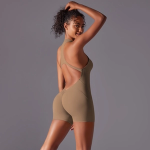 Rear side view of khaki high-elastic yoga jumpsuit with ruched peach butt lifting detail