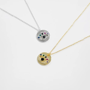 S925 sterling silver evil eye pendant necklace with colorful cubic zirconia in gold and silver
