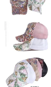 Detail of glitter baseball cap featuring colorful sequins and breathable mesh panels