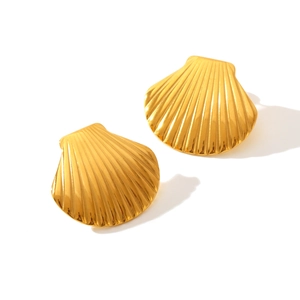 Waterproof gold shell stud earrings in stainless steel with textured sea design