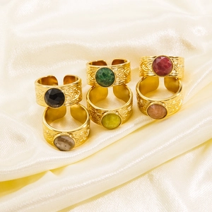 Vintage Stainless Steel Open Ring For Women Retro Natural Stone Inlaid Adjustable Geometric Band Fashion Jewelry Gift