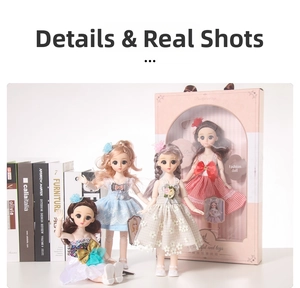 Detail of four fashion jointed dolls set in pink window gift box with lace dresses