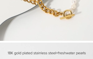 Close-up of 18K gold plated Cuban chain and freshwater pearls with OT buckle