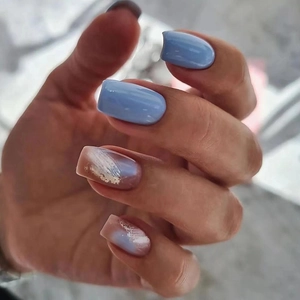 Press On Nails Blue Graffiti Marble Smudge Gold Foil Short Square Artificial Fake Nails For Women Manicure
