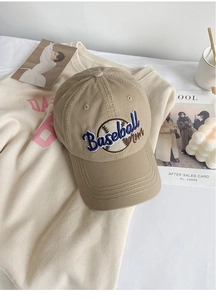 Detailed view of Khaki Baseball Mom cap with blue 3D embroidery on soft cotton fabric