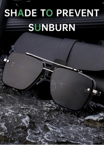 Square punk sunglasses with metal double bridge and textured arms on black leather case