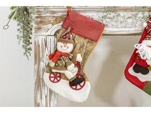Detail of a large knitted Christmas stocking featuring a 3D snowman riding a bicycle