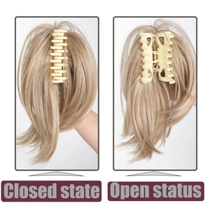 Claw clip ponytail extension in beige showing open and closed states of the hair accessory