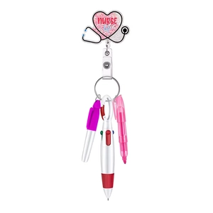 Nurse retractable badge reel set with multi-color ballpoint pen and mini highlighters