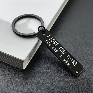 Black stainless steel bar keychain with I LOVE YOU MORE engraving for couples