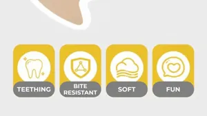 Icons showing teething, bite-resistant, soft material and fun features of dog toys