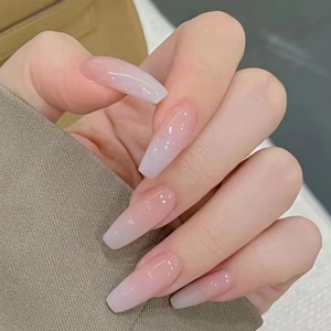 Press On Nails Pink White Ombre Coffin Long Fake Nails Glossy Simple Elegant Artificial Fingernails For Women
