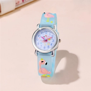 Detail of blue translucent strap with pink flamingo patterns on a kids cartoon watch