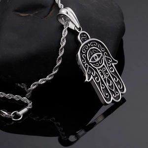 Vintage silver Hamsa Hand devil eye pendant necklace with twist chain for men