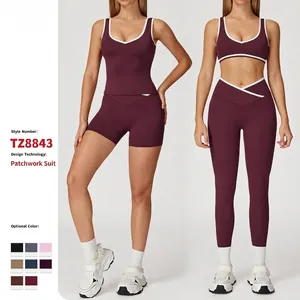 Women Crossover High Waist Yoga Set Contrast Piping Backless Sports Bra Flare Pants Tight Workout Gym Fitness Outfit