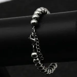 Polished stainless steel bead bracelet with lobster clasp and adjustable extension chain