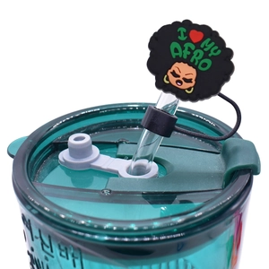 Cartoon Afro girl silicone straw cover dust cap with I Love My Afro text for 10mm straws