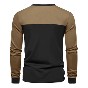 Back view of a long-sleeved Henley shirt with khaki and black color-block knit design