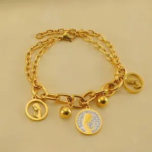 Stainless Steel Layered Charm Bracelet 18K Gold Plated Hollow Portrait Pendant Rhinestone Mother Child Silhouette Fashion For Women