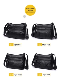 Detail view of four black washed leather crossbody bags with different stitching patterns