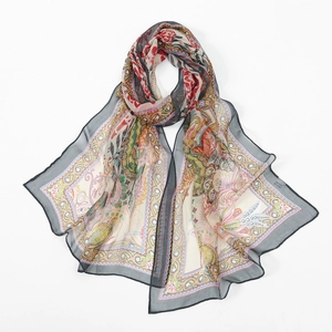 Lightweight 100% silk summer scarf with colorful paisley and lotus print pattern