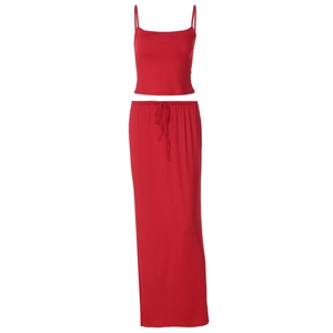 Detail view of red two-piece slim fit set featuring crop camisole and drawstring maxi skirt