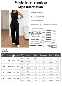Size chart and fabric details for women sleeveless waist-tie wide-leg casual jumpsuit