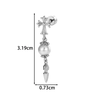 Vintage Gothic Silver Cross Stud Earring with Pearl and Rivet Detail, 3.19cm Length