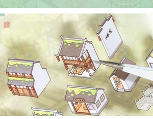 Detail of 3D Chinese architecture stickers showing die-cut traditional Suzhou buildings