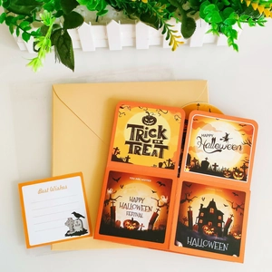 Detail view of 3D Halloween pop-up card set with pumpkin motifs and matching envelope