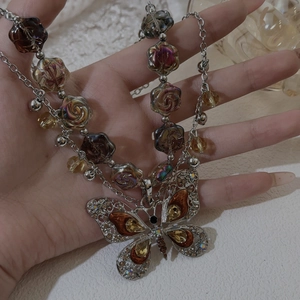 Vintage punk silver butterfly and rose necklace with iridescent beads for women