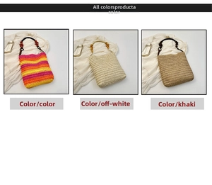 Close-up of bohemian woven bags with vintage wooden bead handles in rainbow and neutral tones