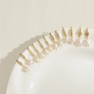 Baroque freshwater pearl and zircon gold-plated earrings set in French vintage style