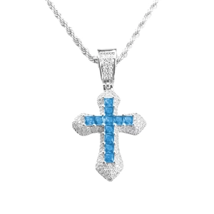 Hip hop silver cross necklace for men featuring blue zircon stones and twisted rope chain