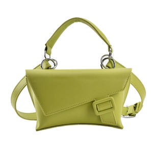 Avocado green leather trapezoid bag with curved base and adjustable shoulder strap
