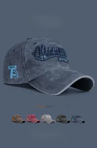 Detailed view of vintage washed cotton baseball caps with 3D embroidery and 5 color options