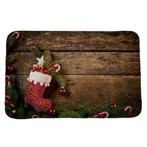 Christmas square floor mat with festive boots and wood grain pattern for home decor