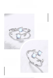 Close-up of S925 silver vine ring featuring moonlight stones and mirror polished finish