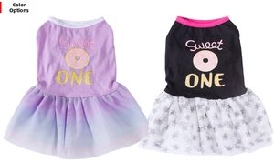 Detail of pet summer dresses showing three-layer mesh tutu skirts with Sweet One print