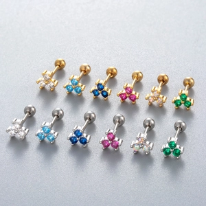 Three-stone cluster stud earrings in gold and silver finish with multi-color zircon gems