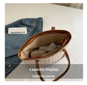 Capacity display of woven tote bag showing internal storage for phone and umbrella