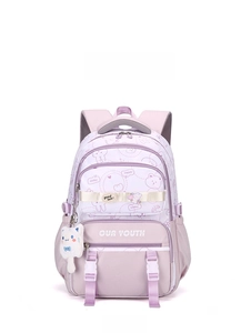 Front view of a lavender backpack featuring cute cartoon bears and plush cat accessory