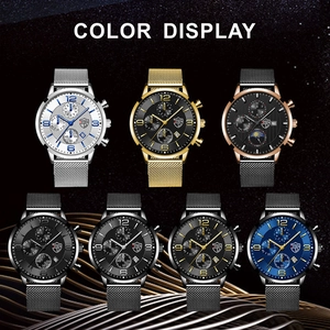 Detailed color display of stainless steel quartz watches with luminous hands and calendar