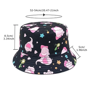 Kids black bucket hat with pink elephants and stars featuring dimension size guides