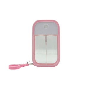 Pink macaron travel spray bottle with protective silicone case and portable hook