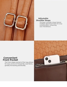 Detail of adjustable straps and front pocket on brown pebble leather backpack for women