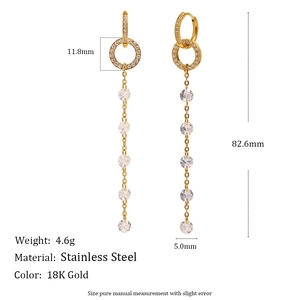 18K gold plated stainless steel long tassel earrings with sparkling zircon gemstones