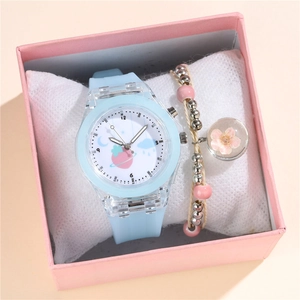 Montre LED lumineuse avec bracelet en silicone bleu et bracelet de perles roses en coffret
