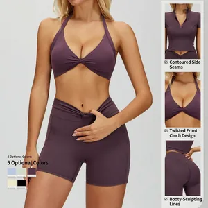 Two-piece deep purple yoga set with halter twist sports bra and high waist shorts